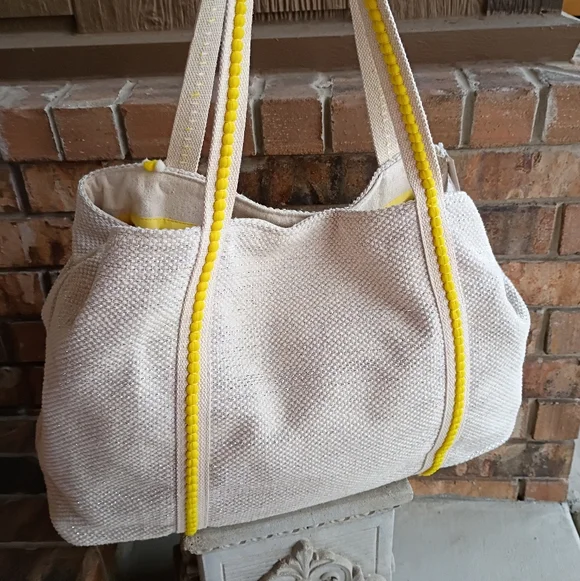 NEW America & Beyond Beaded Lemon Pom Pom Woven Cotton Summer Travel Beach Tote - Picture 11 of 16